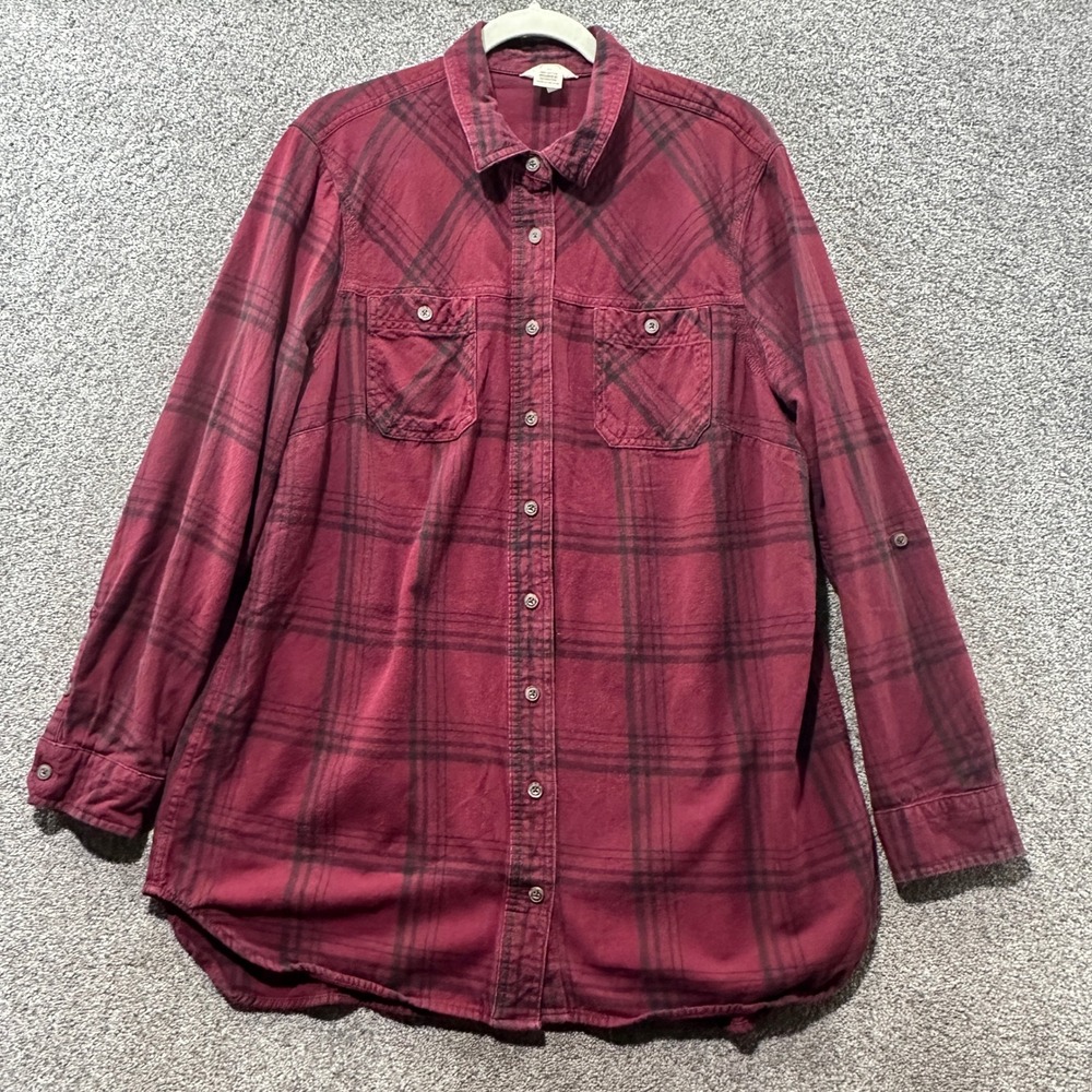 Duluth Trading Women Free Swingin Flannel Tunic Top XL Red Plaid Button Up